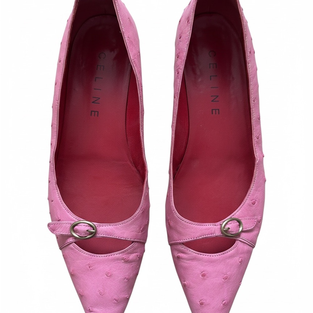 CELINE Pink Ostrich-Embossed Mary Jane Flats -Late 90s early 2000s - Picture 2 of 4